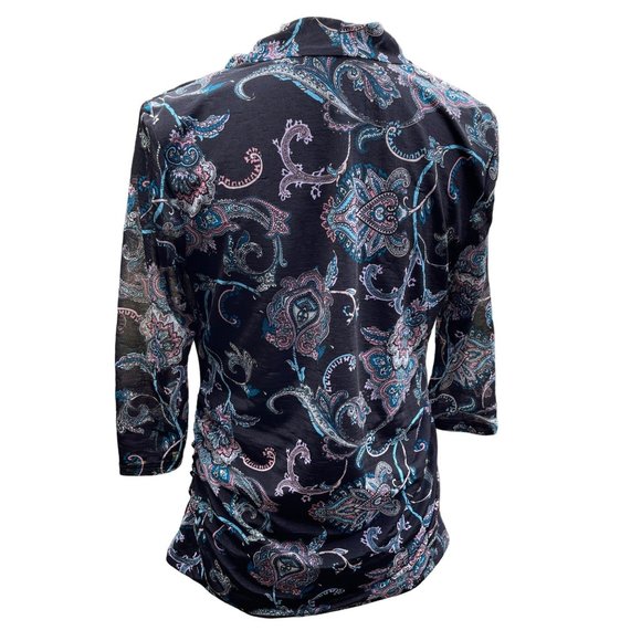 Dana Buchman Drape Front Paisley Print Top Womens S Black 3/4 Cowl Neck Ruched‎ - Picture 2 of 13